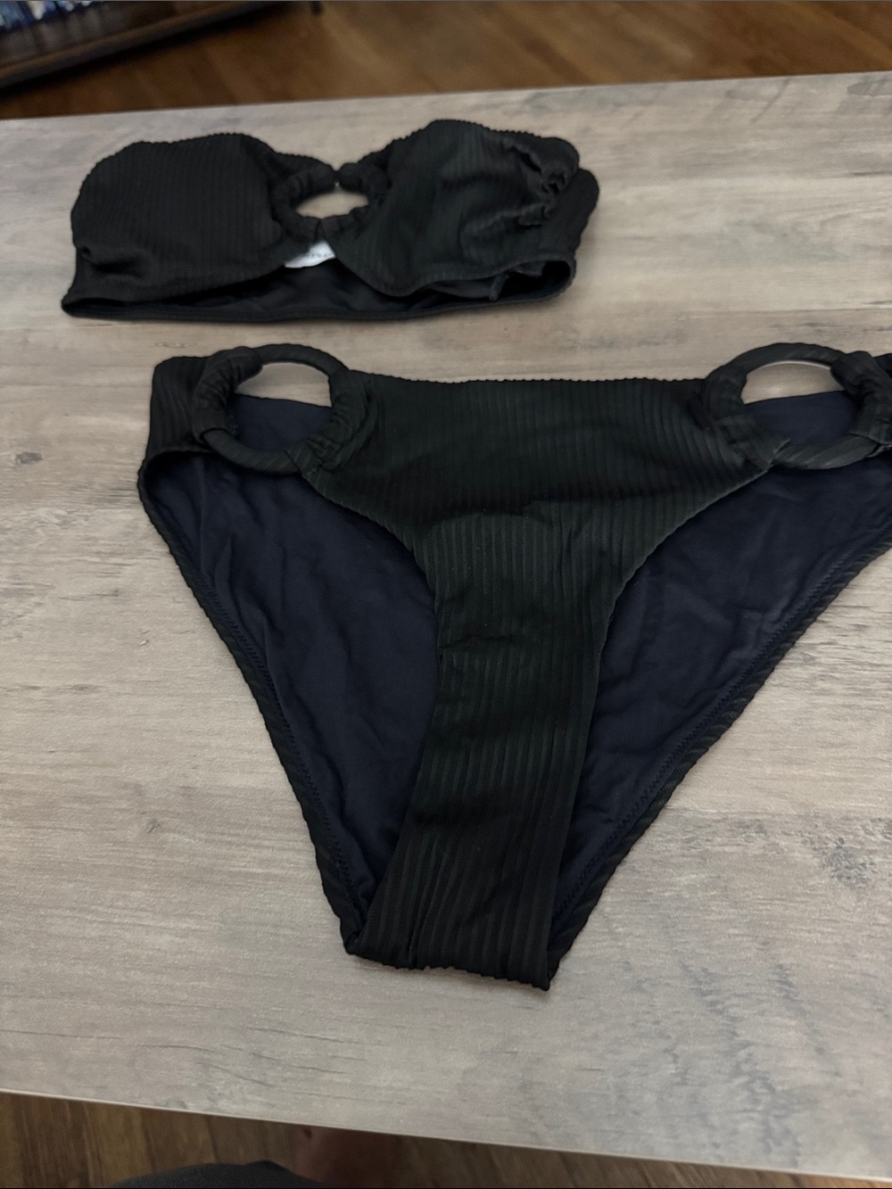 Alexandra Miro Black Ribbed Bikini Top with Gold Nameplate